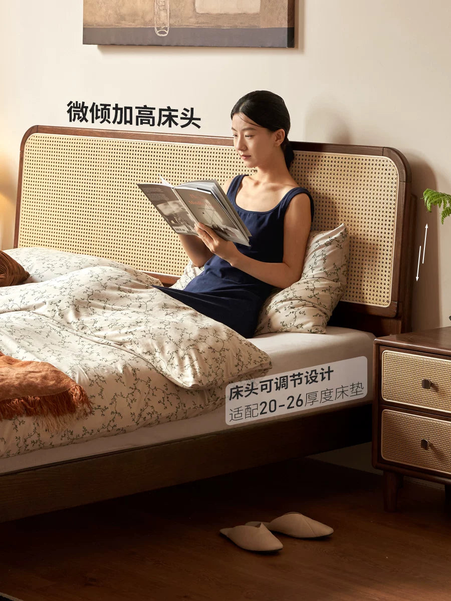 实木床卧室橡木胡桃色藤编床现代简约床头可调双人床